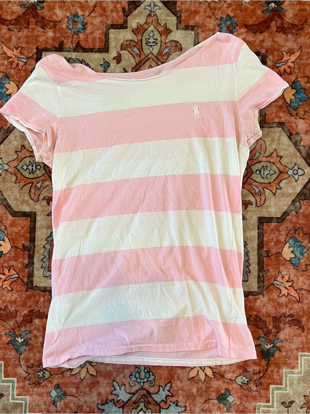 Y2K Ralph Lauren Pink White Off Shoulder Tee